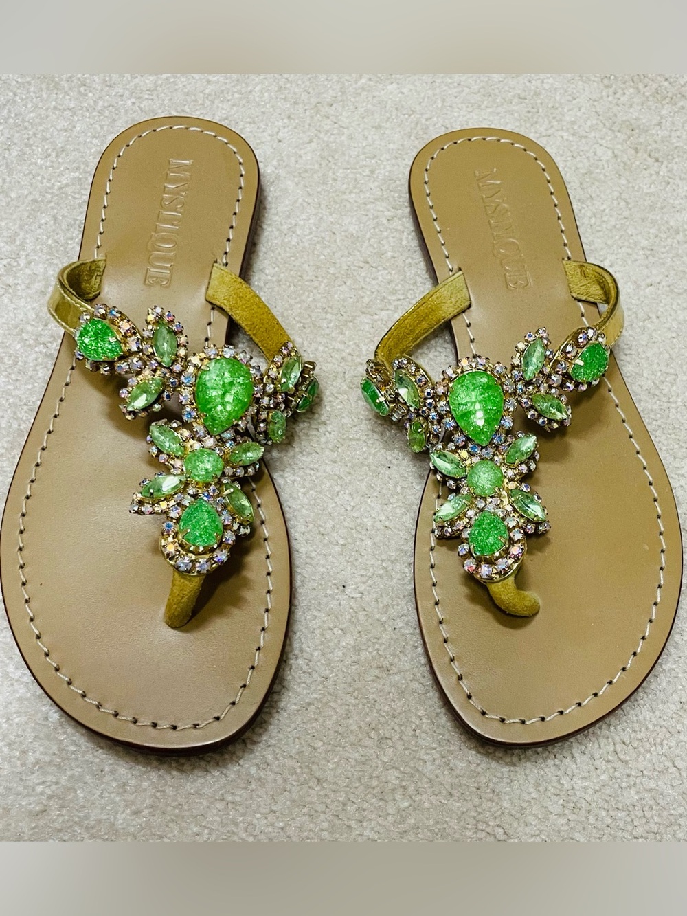 Mystique Neon Green Crystal Jeweled Leather Thong Sandals Handmade Size 7